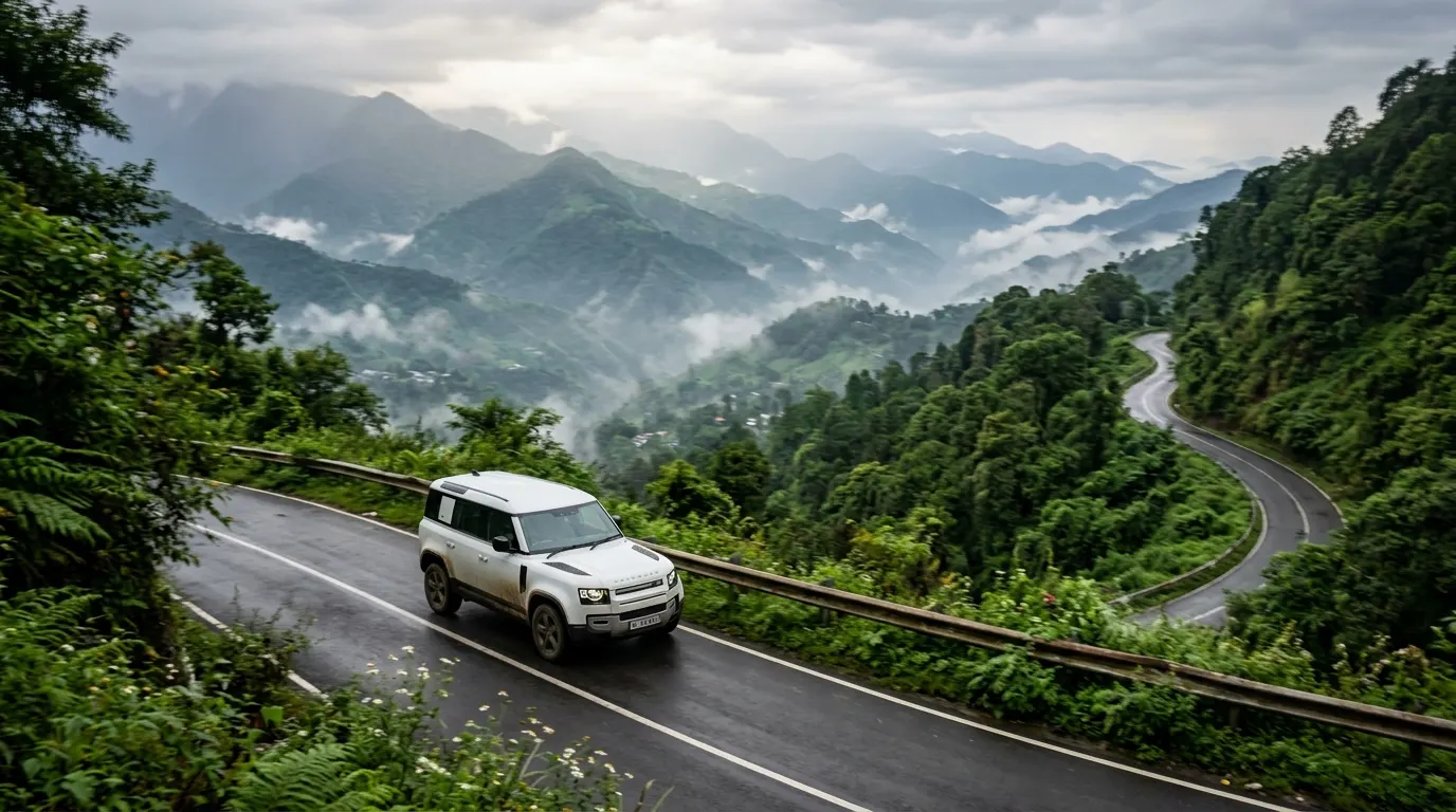 Premium white SUV driving on a scenic mountain road in Northeast India
